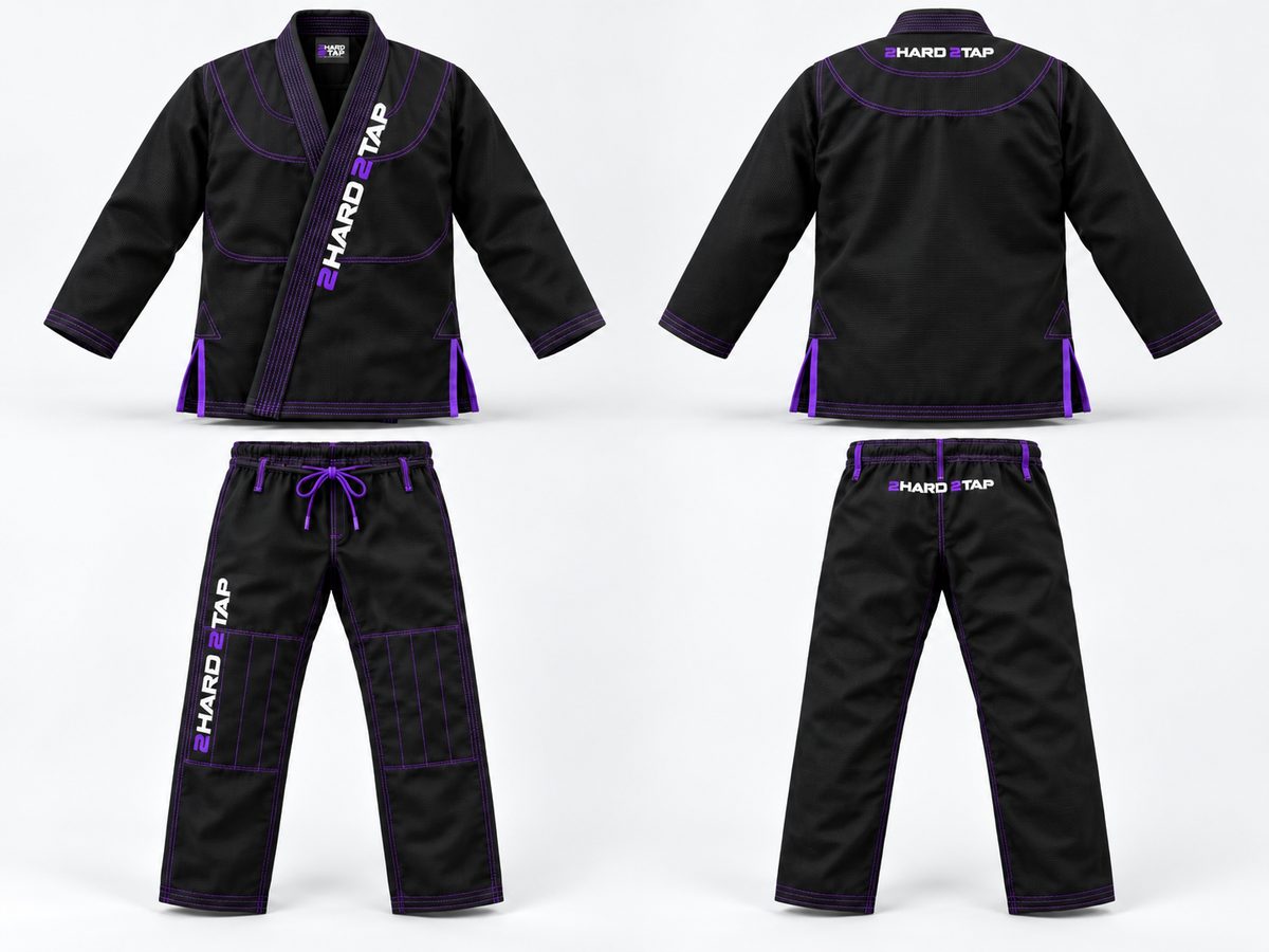 2H2T Basic gi, black with purple stitching — jacket and pants, front and back