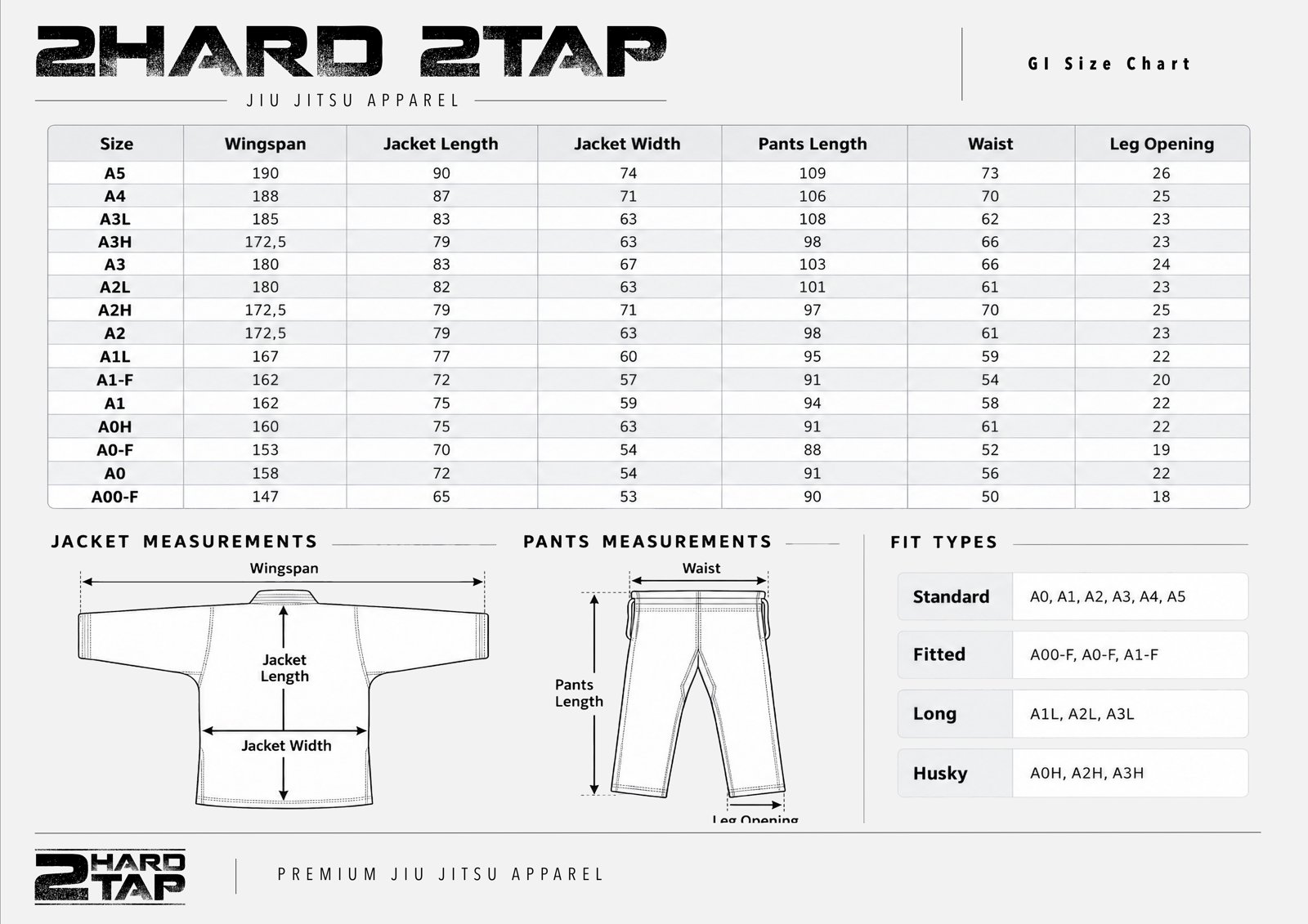2H2T gi size chart: wingspan, jacket length and width, pants length, waist and leg opening in centimeters for sizes A00-F through A5, with measurement sketches and fit types