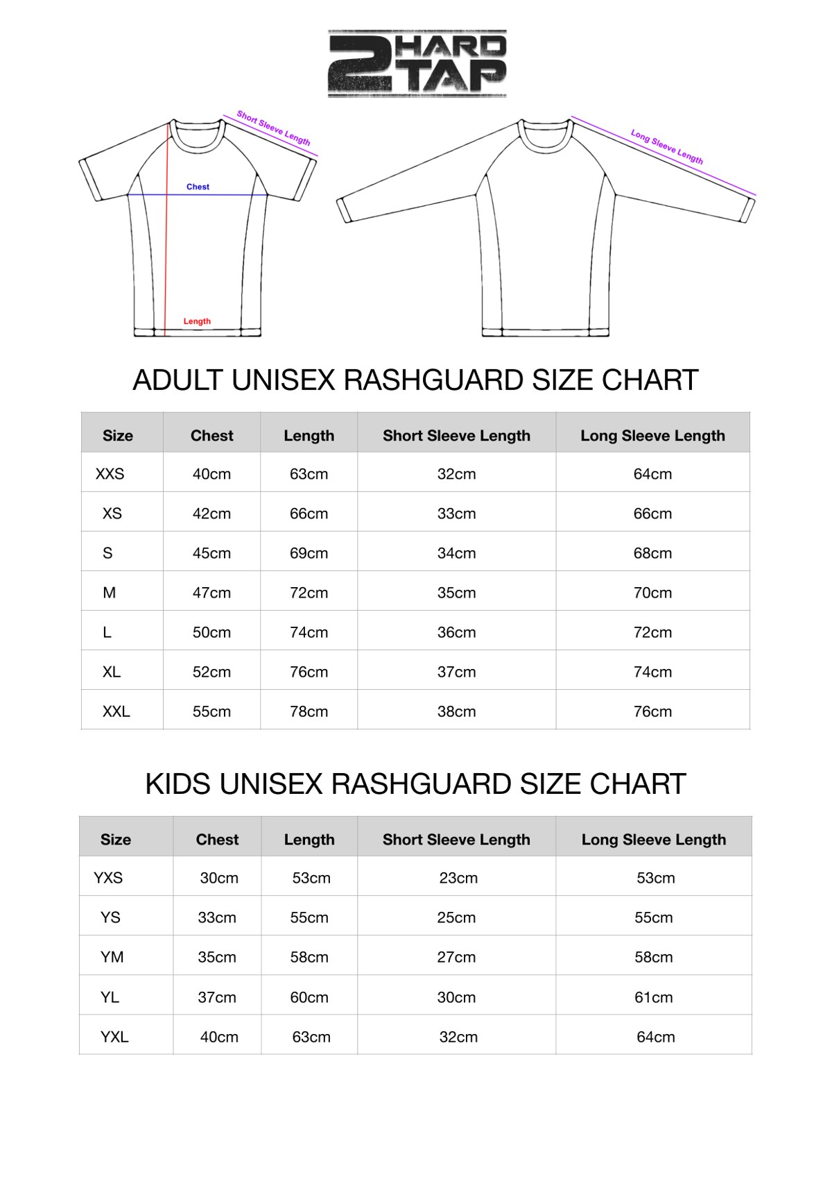 2H2T rashguard size chart with measurement diagrams: adult sizes XXS-XXL and kids sizes YXS-YXL, chest, length, short and long sleeve, in centimeters